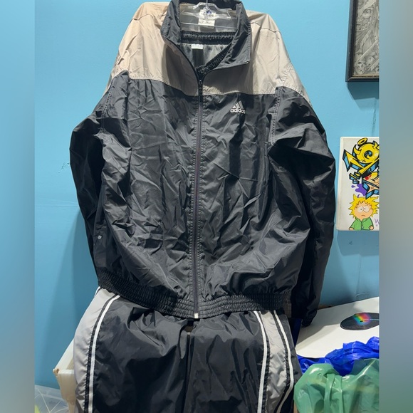 Vintage Adidas men's lined Nylon Track Suit 2 Piece set gray And Black XL - Picture 1 of 8